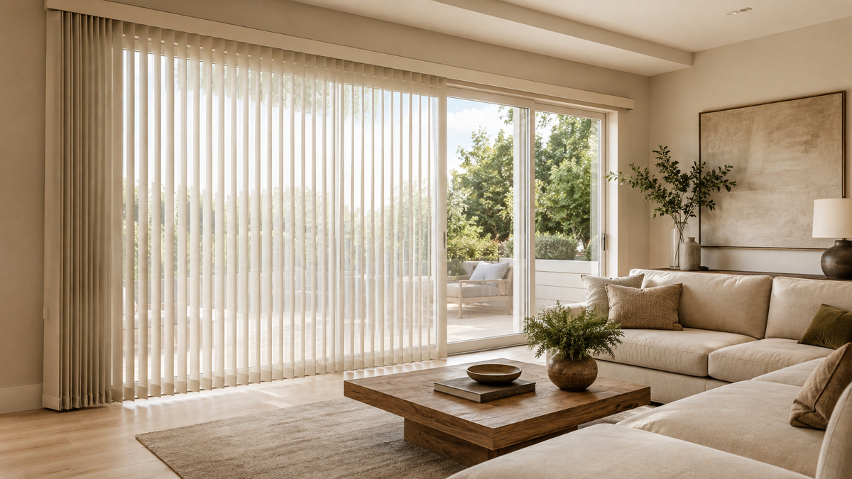 Vertical Blinds for Sliding Glass Doors in living room with warm neutral interior
