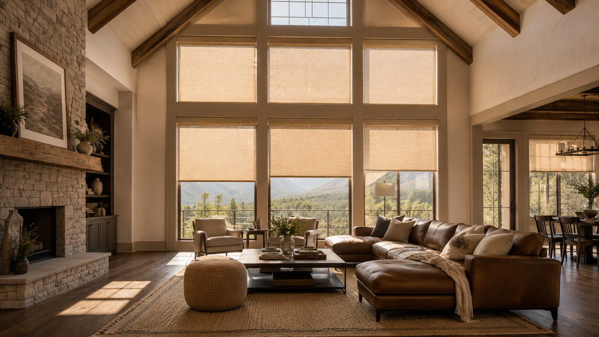 motorized roller shades for high, hard reaching window in living room