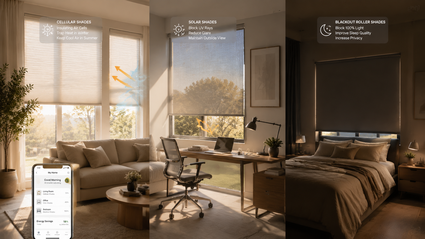 multiple energy-efficient window treatments showcased throughout the space cellular honeycomb shades in the living room, solar shades in the office, and blackout roller shades in the bedroom