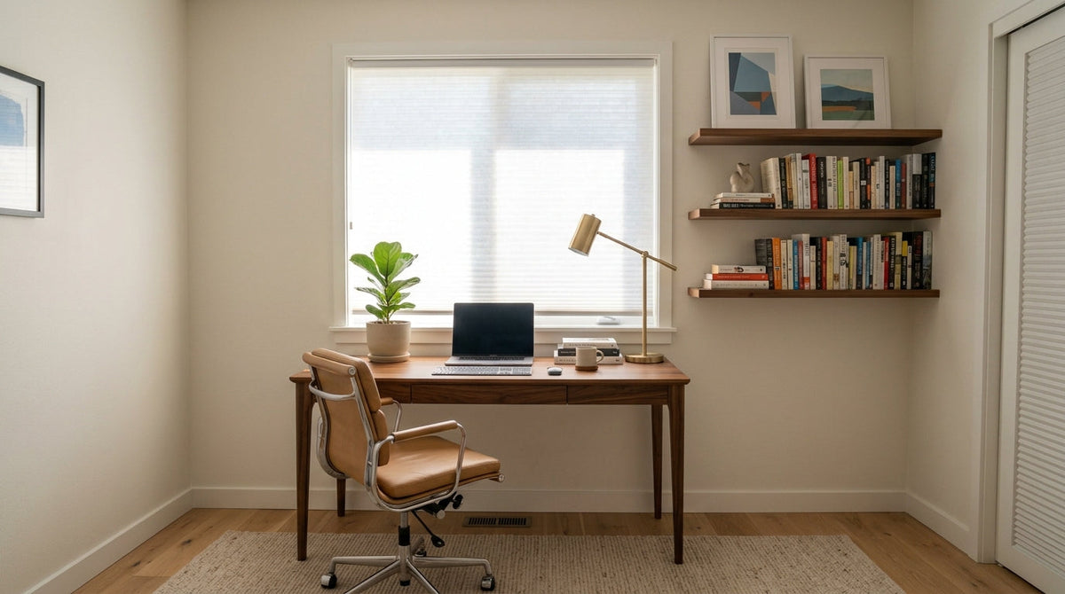 no-drill cellular shades inside mounted in home office help filter the light