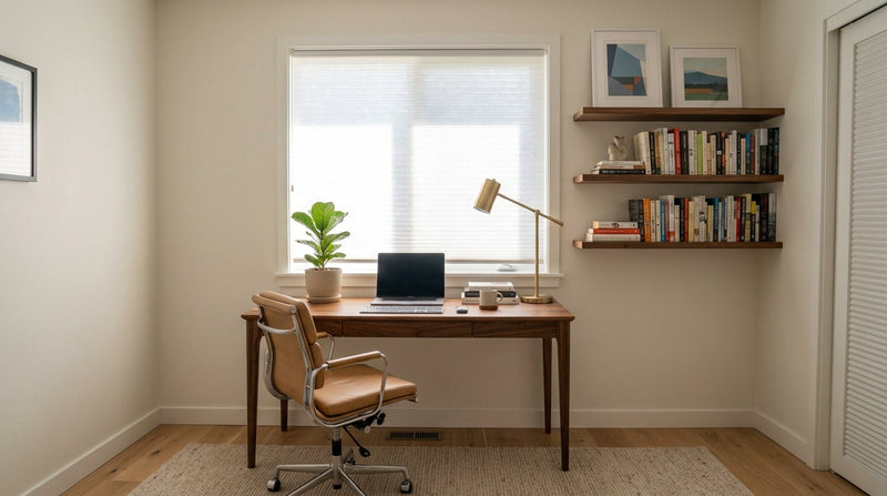no-drill cellular shades inside mounted in home office help filter the light